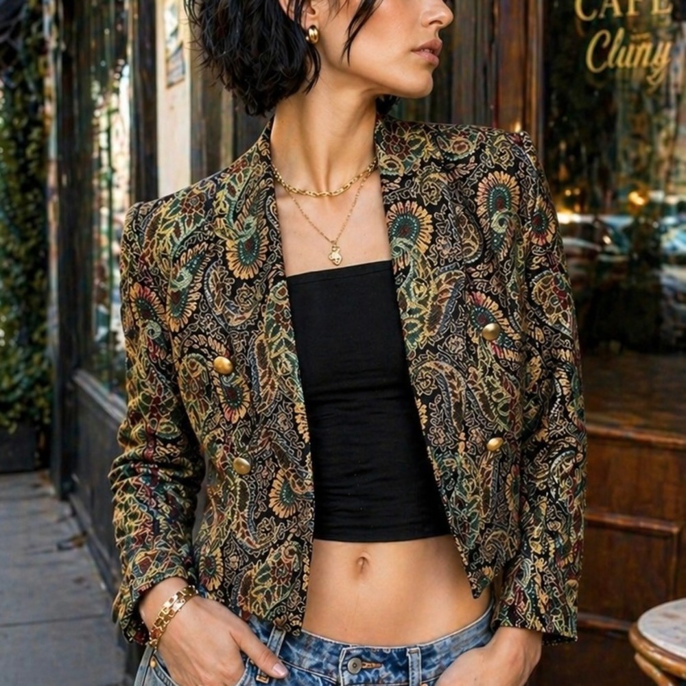 80s Vintage Brocade Tapestry Cropped Blazer Gold Buttons Black Green Paisley / M